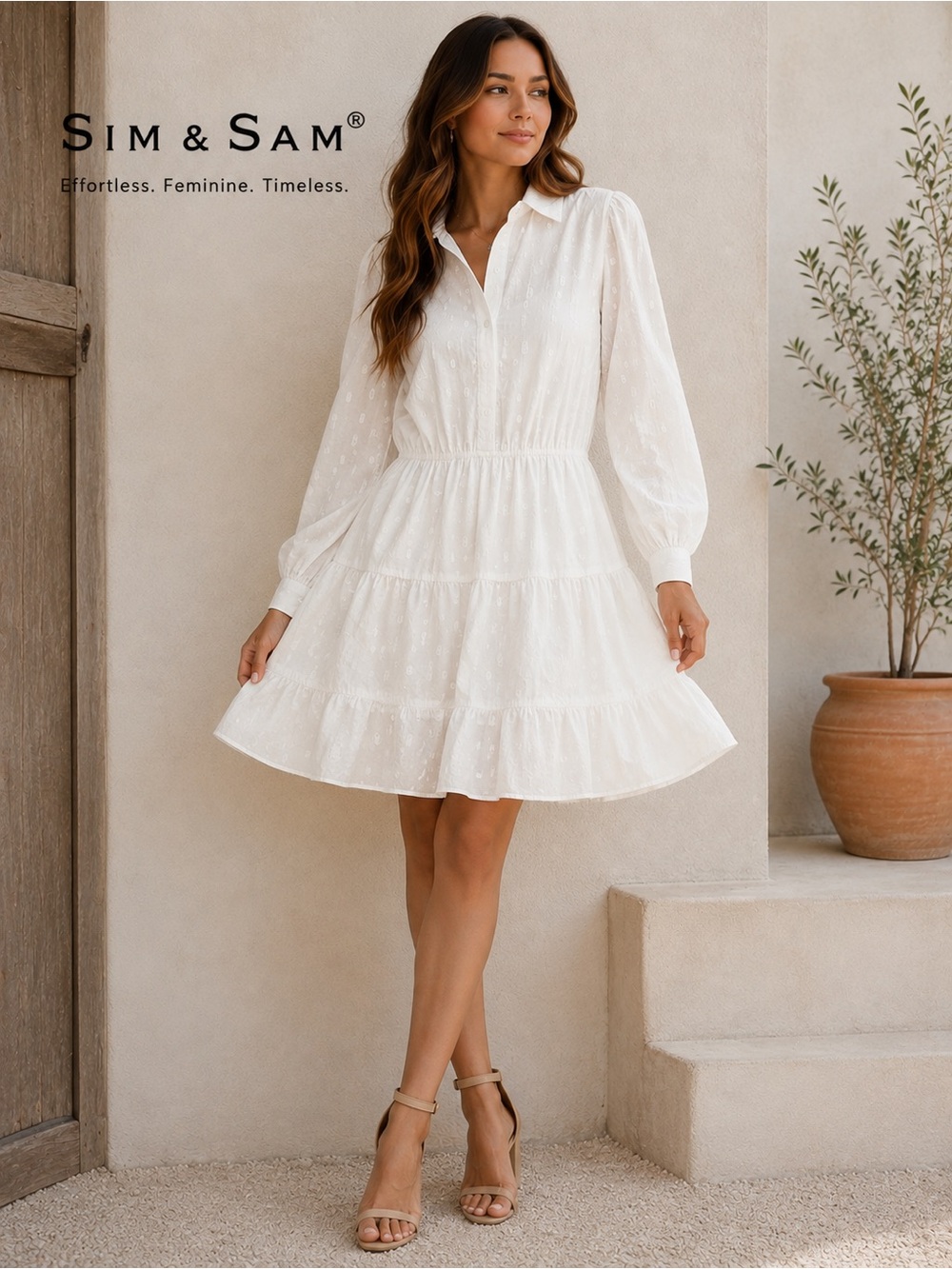 SIM & SAM White Textured Cotton Tiered Mini Shirt Dress Size L